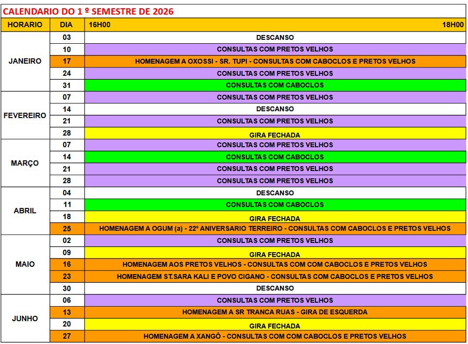 Calendário 2026 - 1º semestre